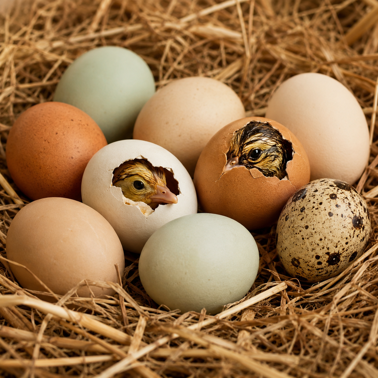 Hatching eggs resting in straw
